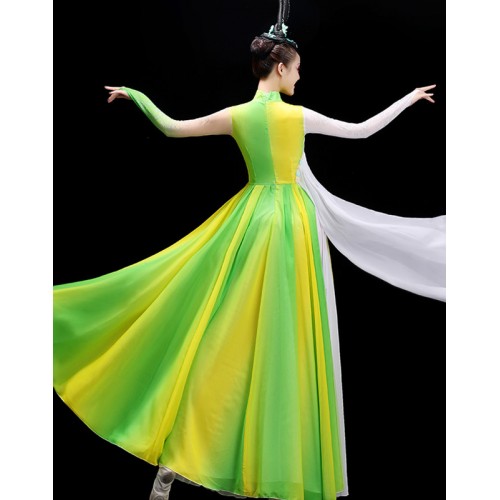 Green With yellow gradient Chinese Jasmine  Folk dance dress for women girls flamenco dance swing skirts paso double dance long dresses Chinese calssical folk dance costumes for woman